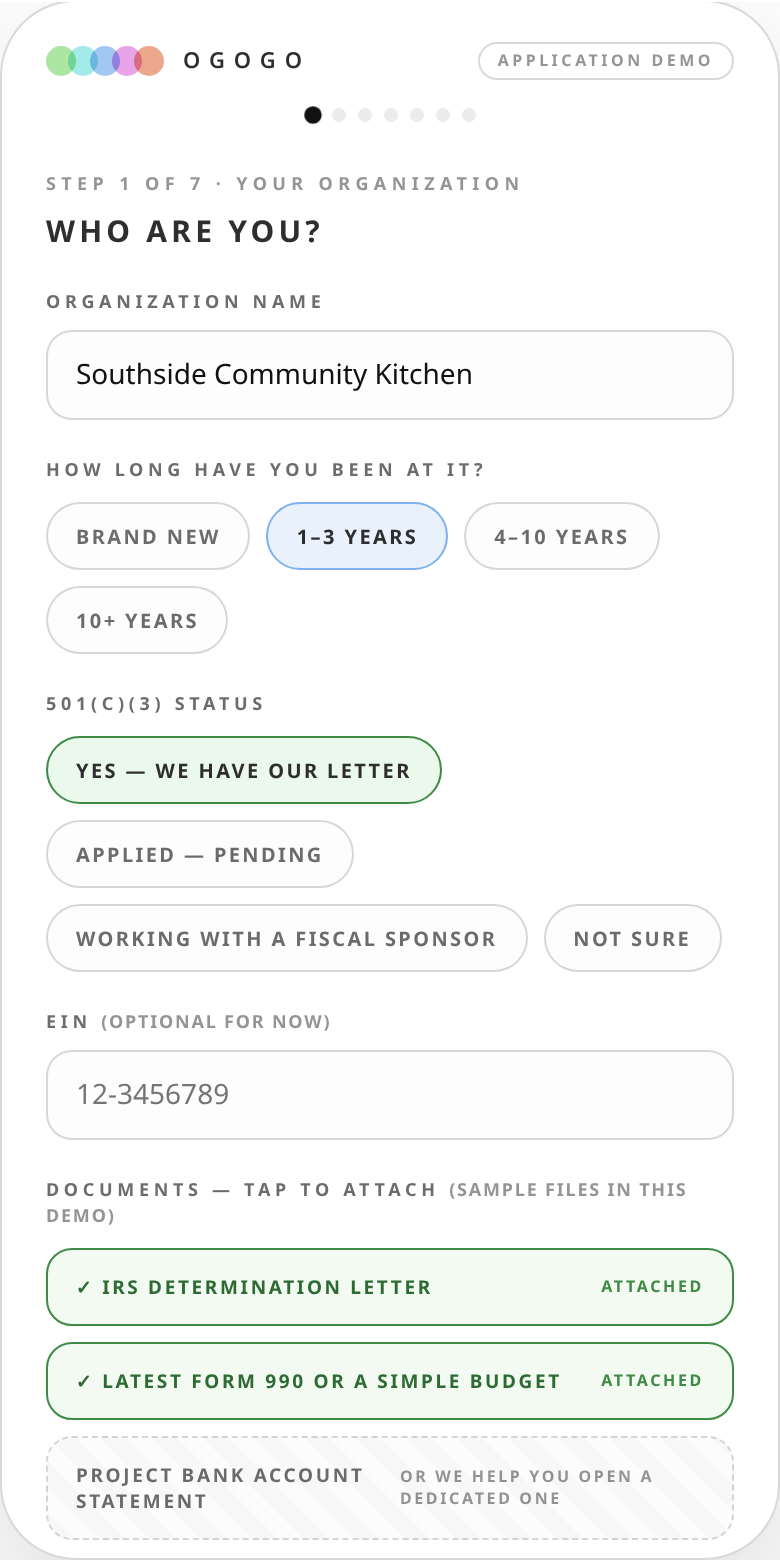 Step 1 — organization basics with tappable answers and sample documents