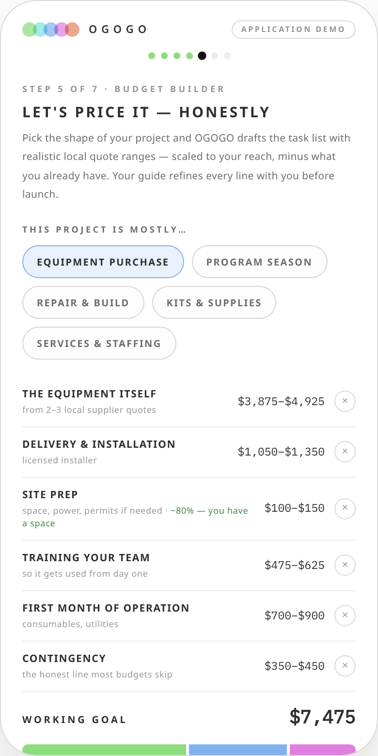 Budget builder — the app drafts a realistic line-item budget with quote ranges