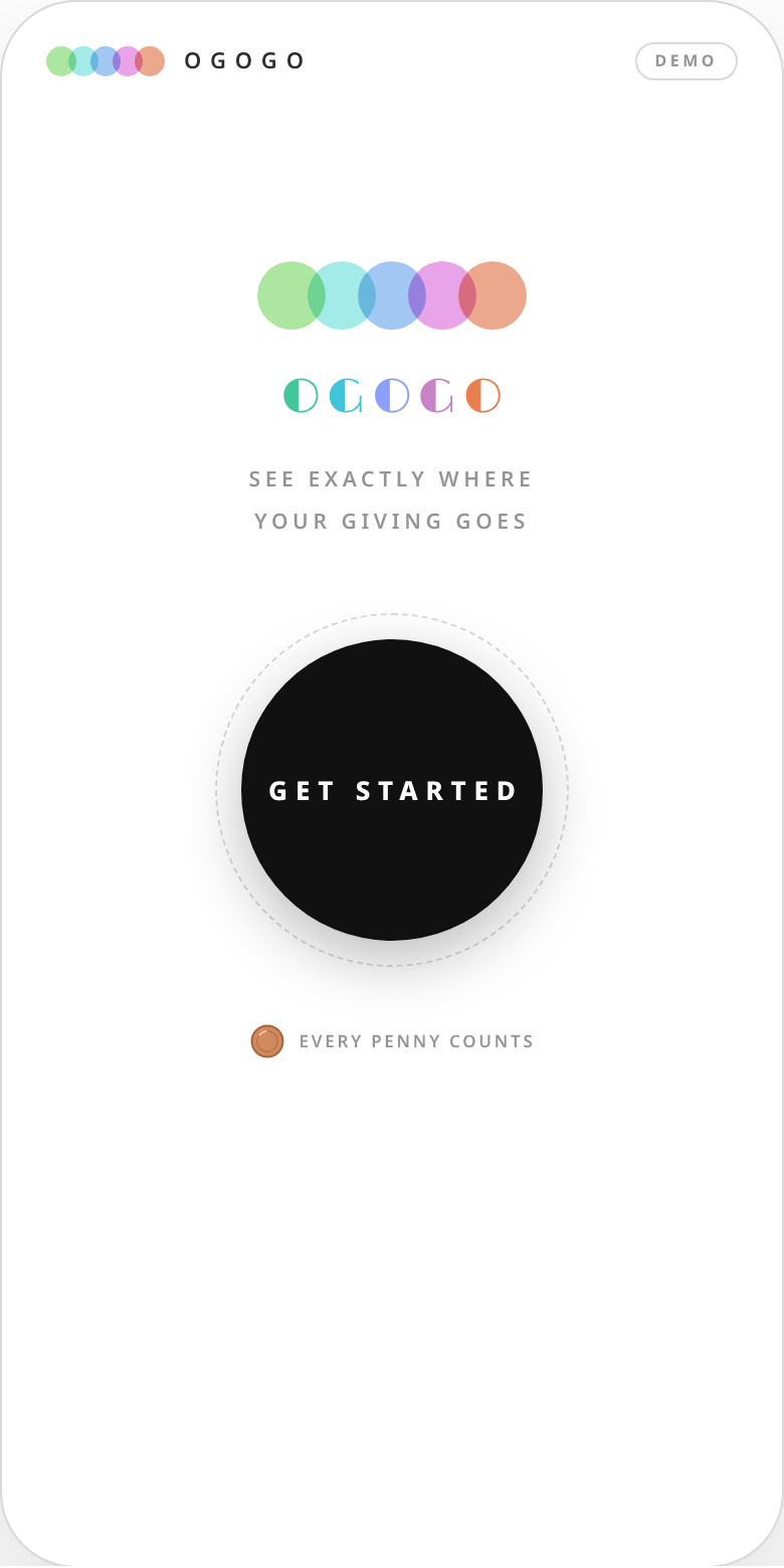 OGOGO donor app welcome screen — see exactly where your giving goes