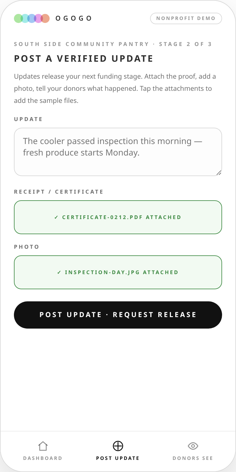Post a verified update — attach receipt and photo, request release